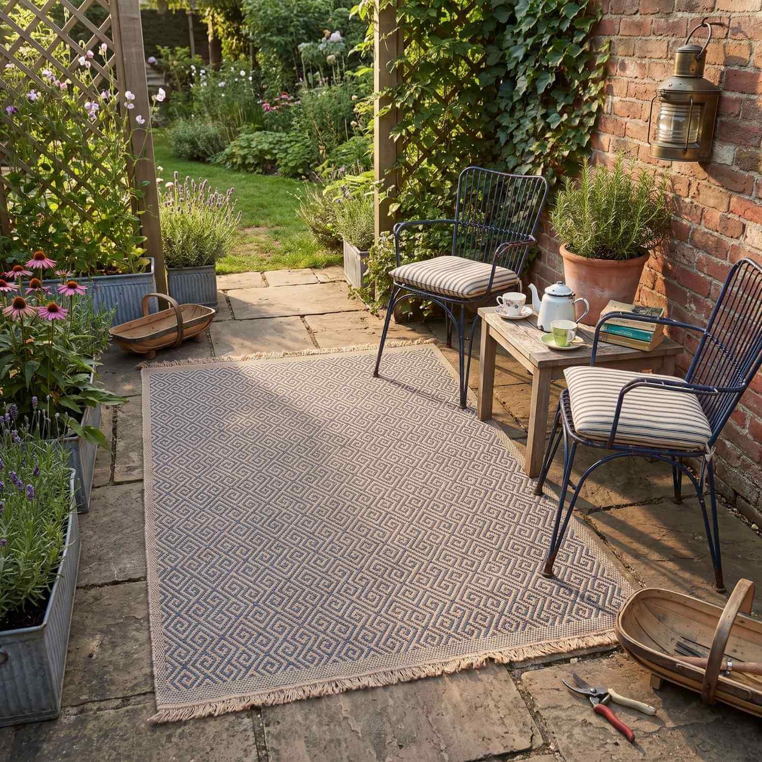 Nature Blue outdoor rug is resistant to moisture and UV protected
