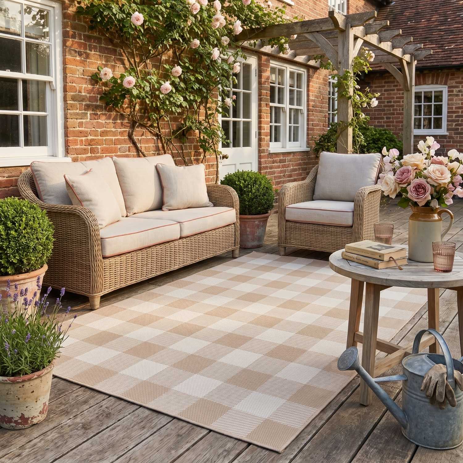 Beige Checkered Outdoor Rug for Garden | The Rugs