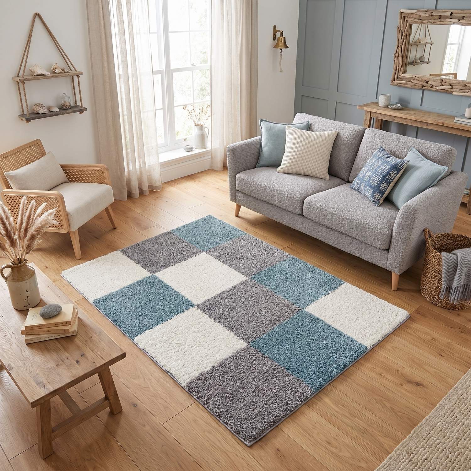 Geometric Design Thick Shaggy Area Rugs Duck Egg Blue