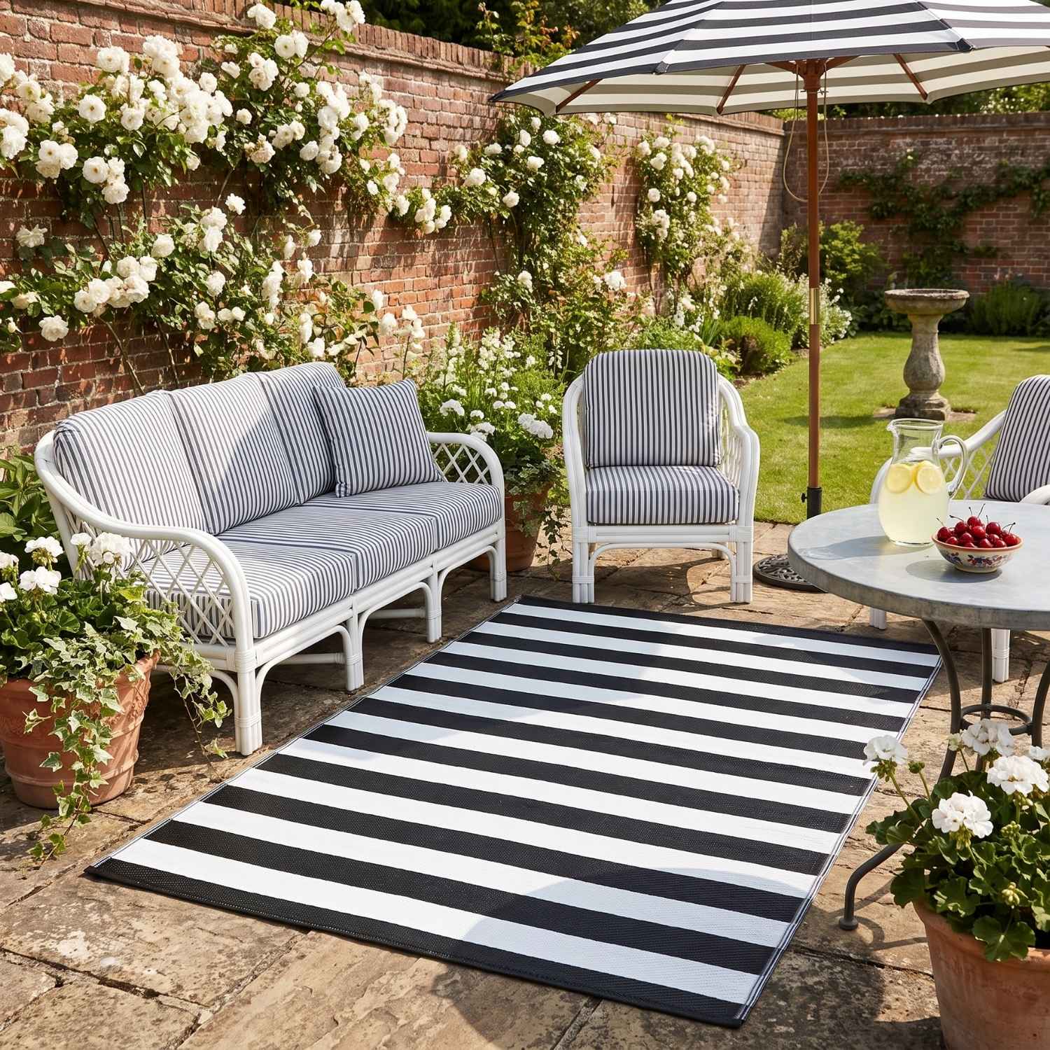 Rainbow Outdoor Rug Black & White, striped design, waterproof.