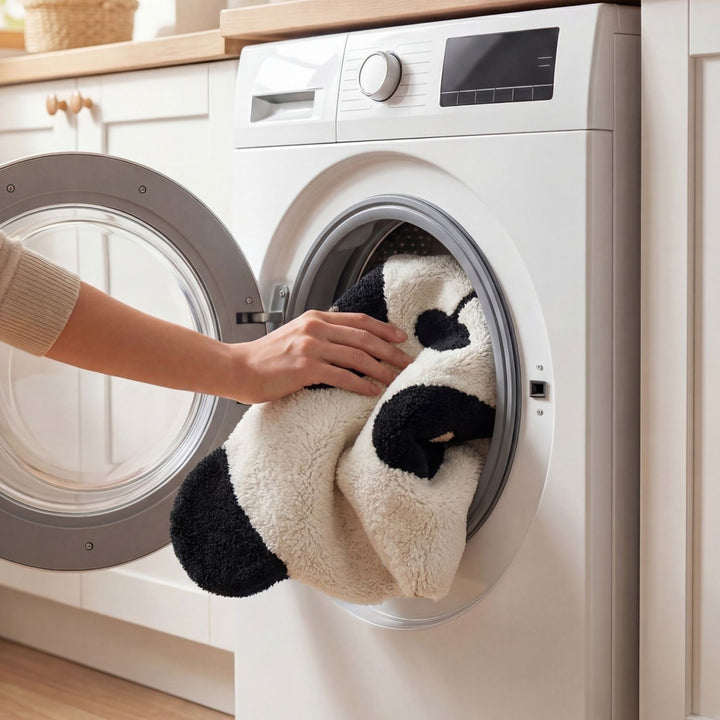 Person placing a panda-shaped towel into a washing machine in a kitchen.
