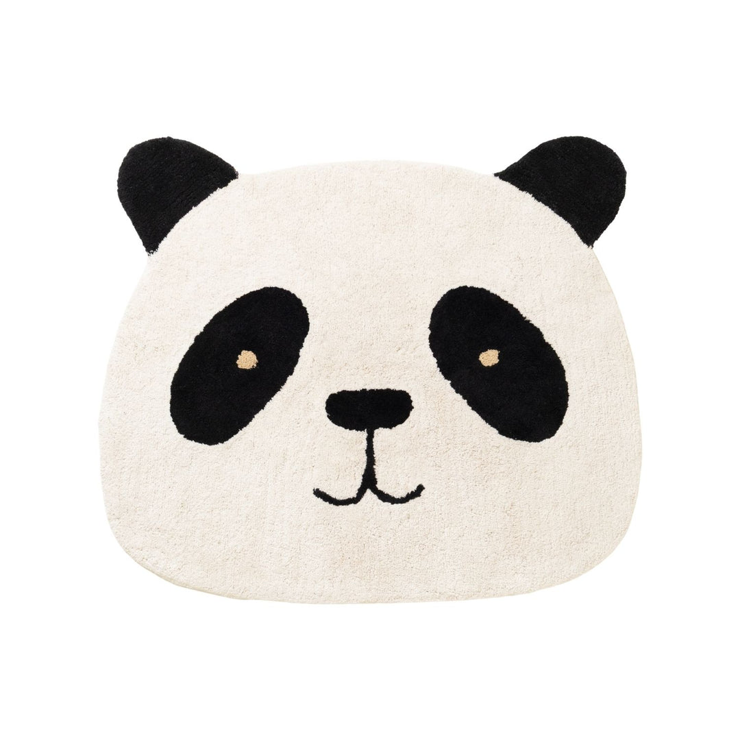 Panda-shaped pillow with black and white design on a white background