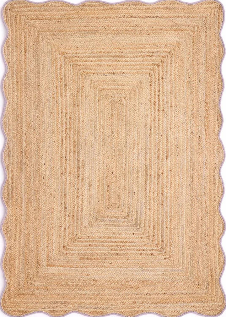 Beige braided rug with a rectangular pattern on a plain background