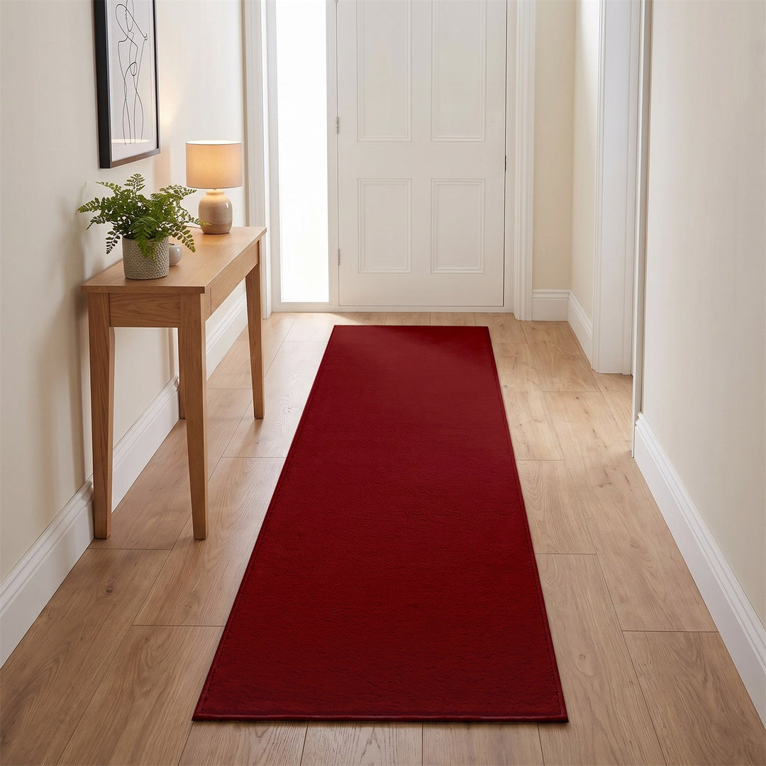 Washmellow red washable runner in a hallway | The Rugs