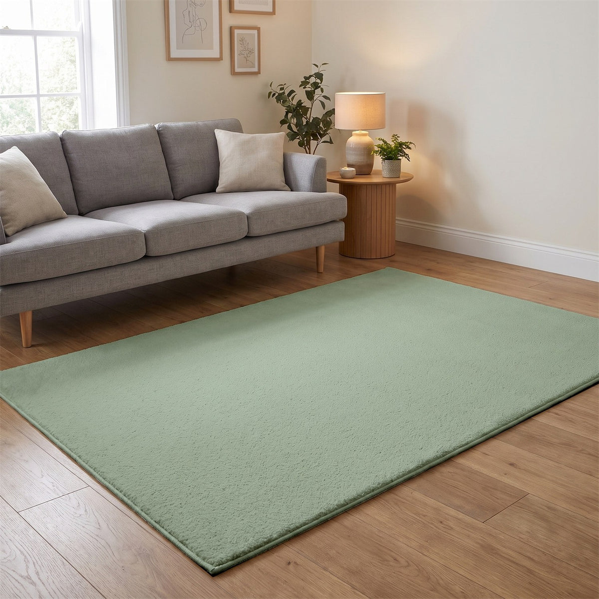 Washmellow sage green washable rug in a living room with a grey sofa and oak floor | The Rugs
