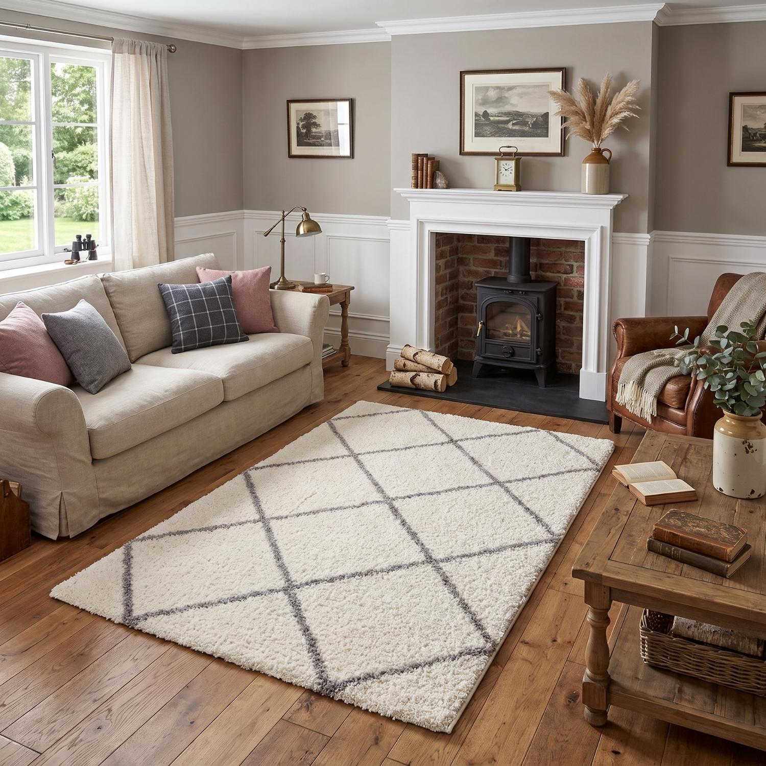 Diamond Design Thick Shaggy Area Rugs Ivory