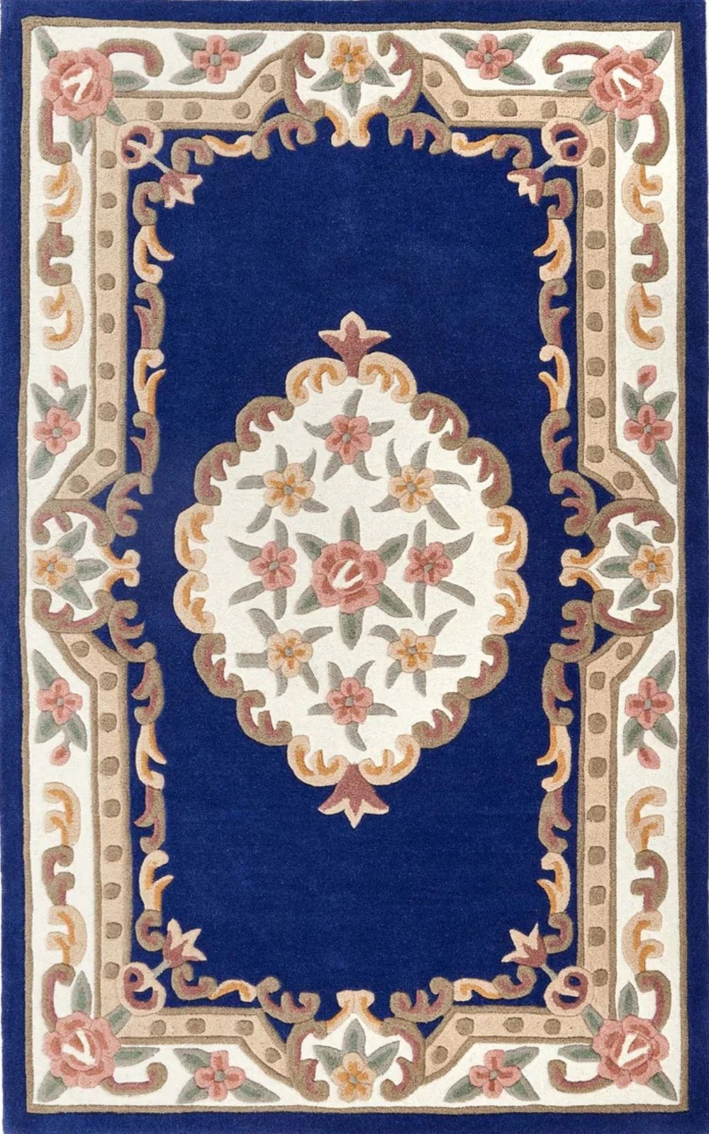 Decorative rug with floral pattern and ornate border on a blue background