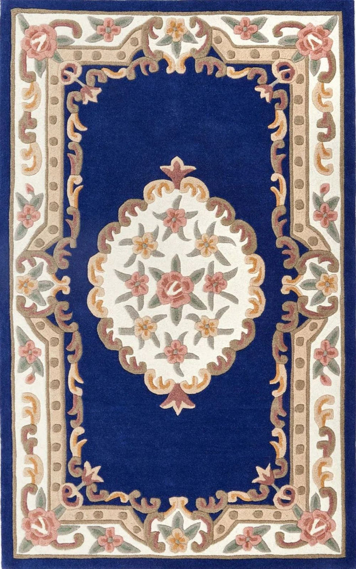 Decorative rug with floral pattern and ornate border on a blue background