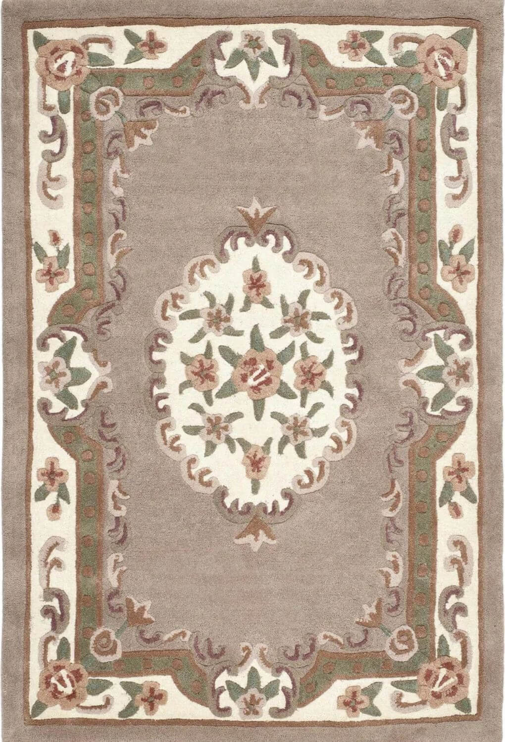 Decorative rug with intricate patterns and floral designs on a beige background