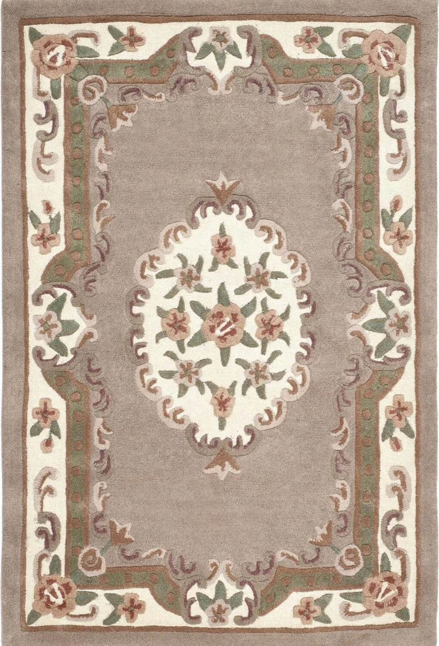Decorative rug with intricate patterns and floral designs on a beige background