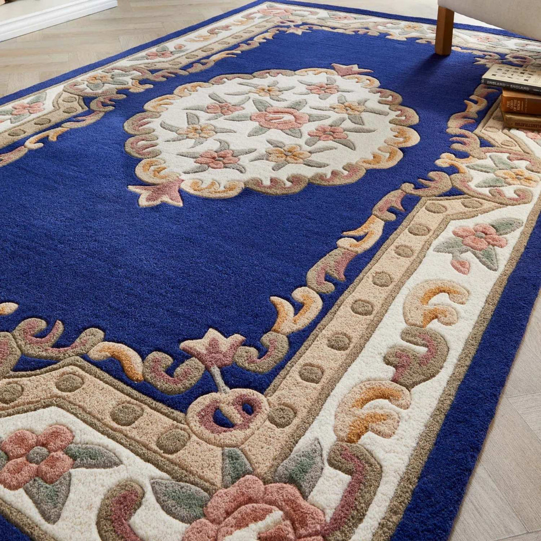 Decorative rug with floral patterns on a blue background