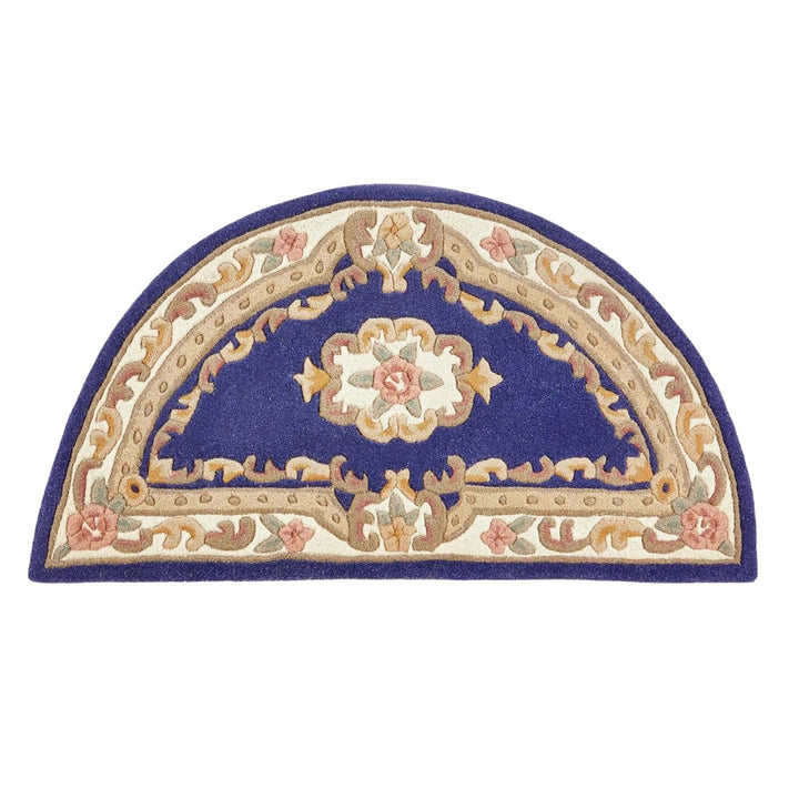 Decorative half-moon rug with floral and geometric patterns on a white background
