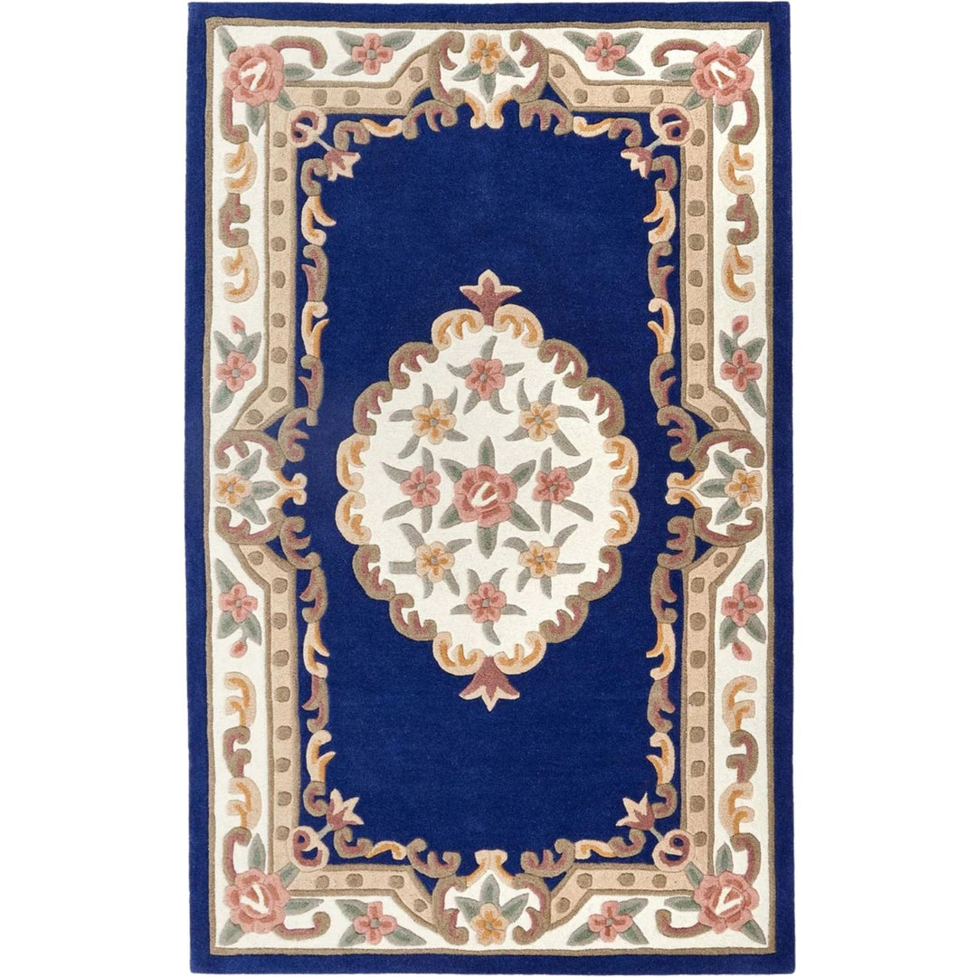 Decorative rug with floral pattern and border on a blue background