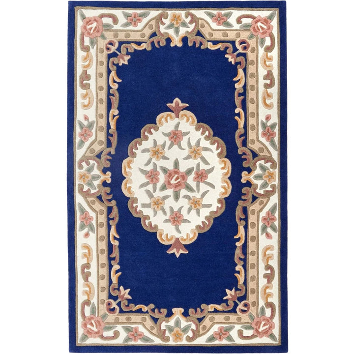 Decorative rug with floral pattern and border on a blue background