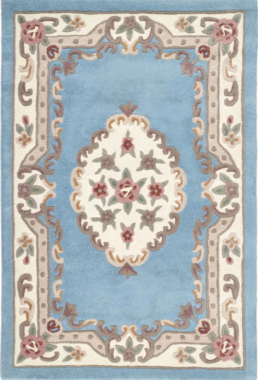 Decorative rug with floral pattern and intricate border on a light blue background