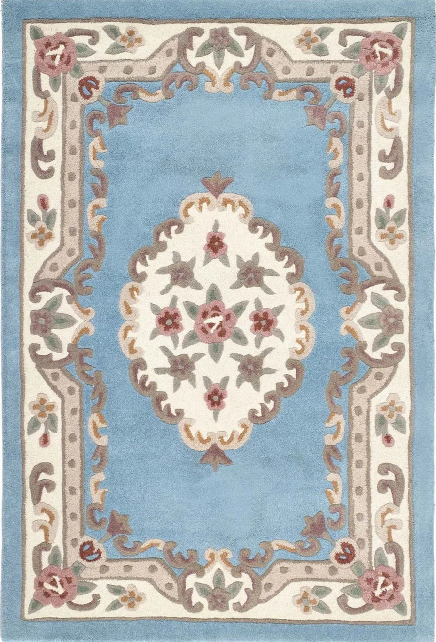 Decorative rug with floral pattern and intricate border on a light blue background