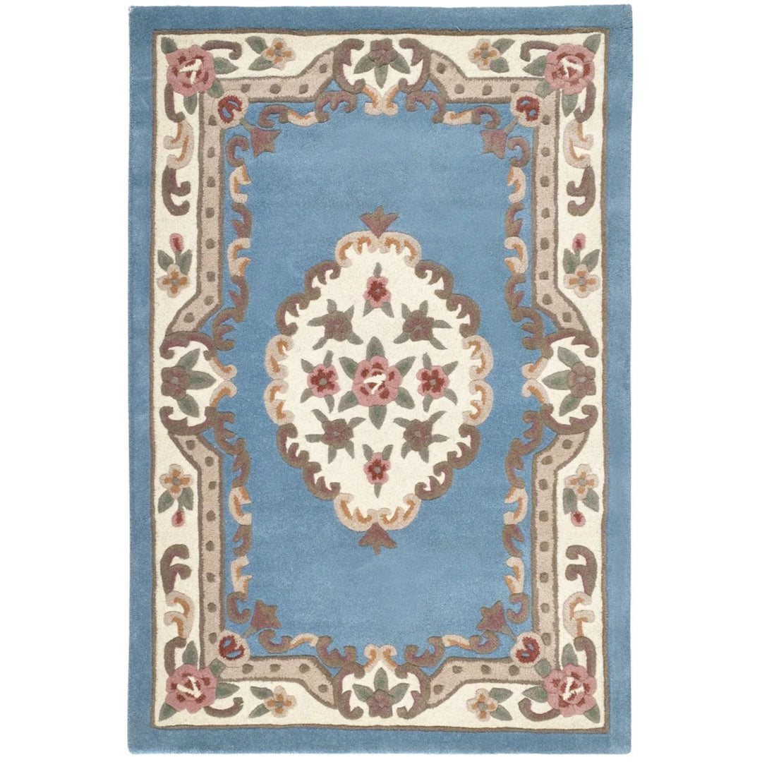 Decorative rug with floral pattern on a blue background