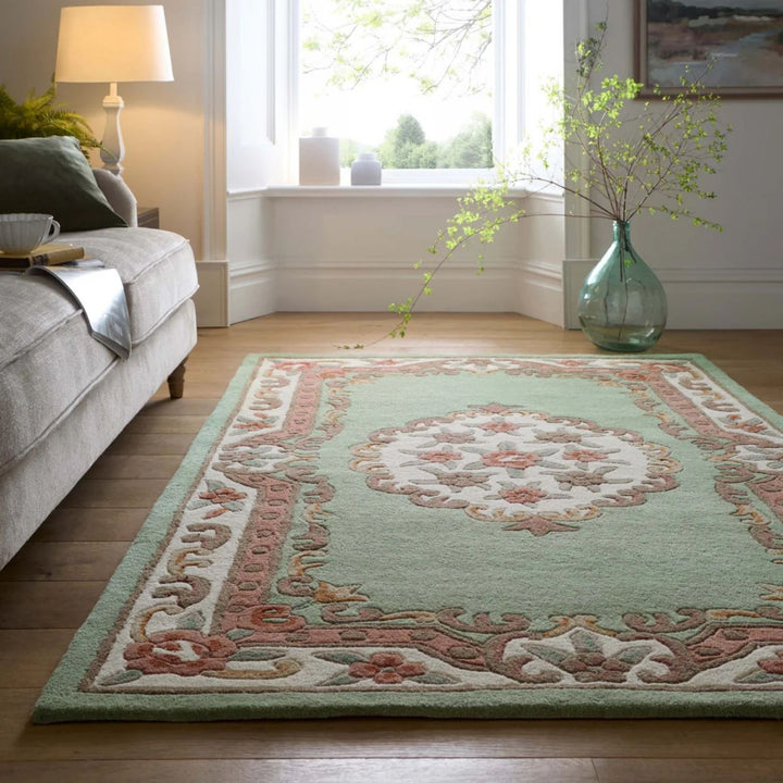 Decorative rug with intricate patterns in a living room setting.