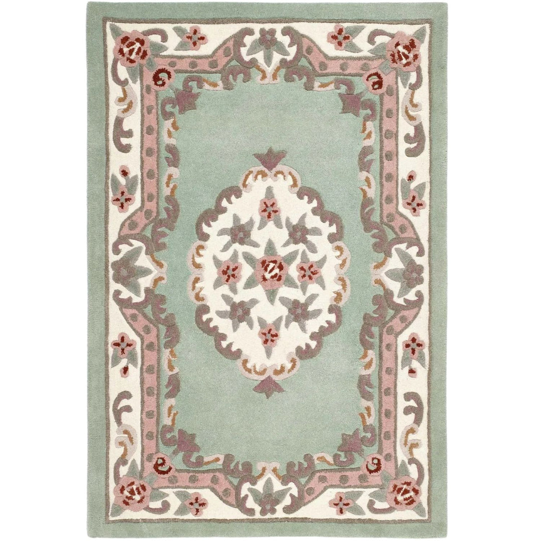 Decorative rug with floral patterns on a light green background
