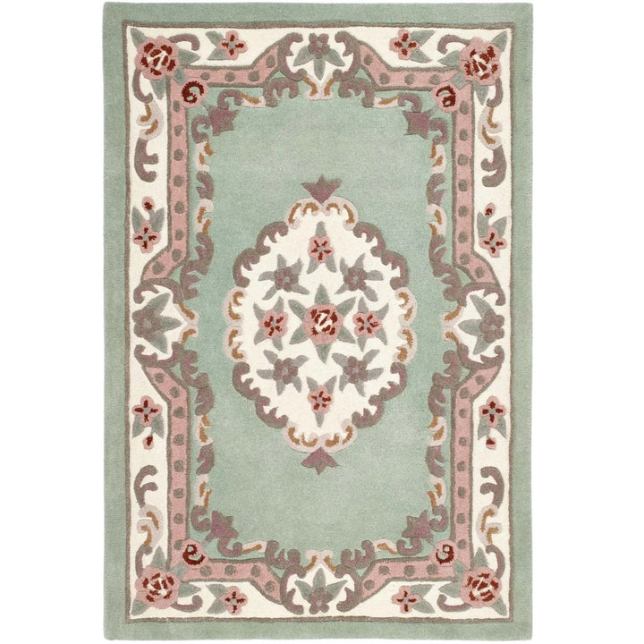 Decorative rug with floral patterns on a light green background