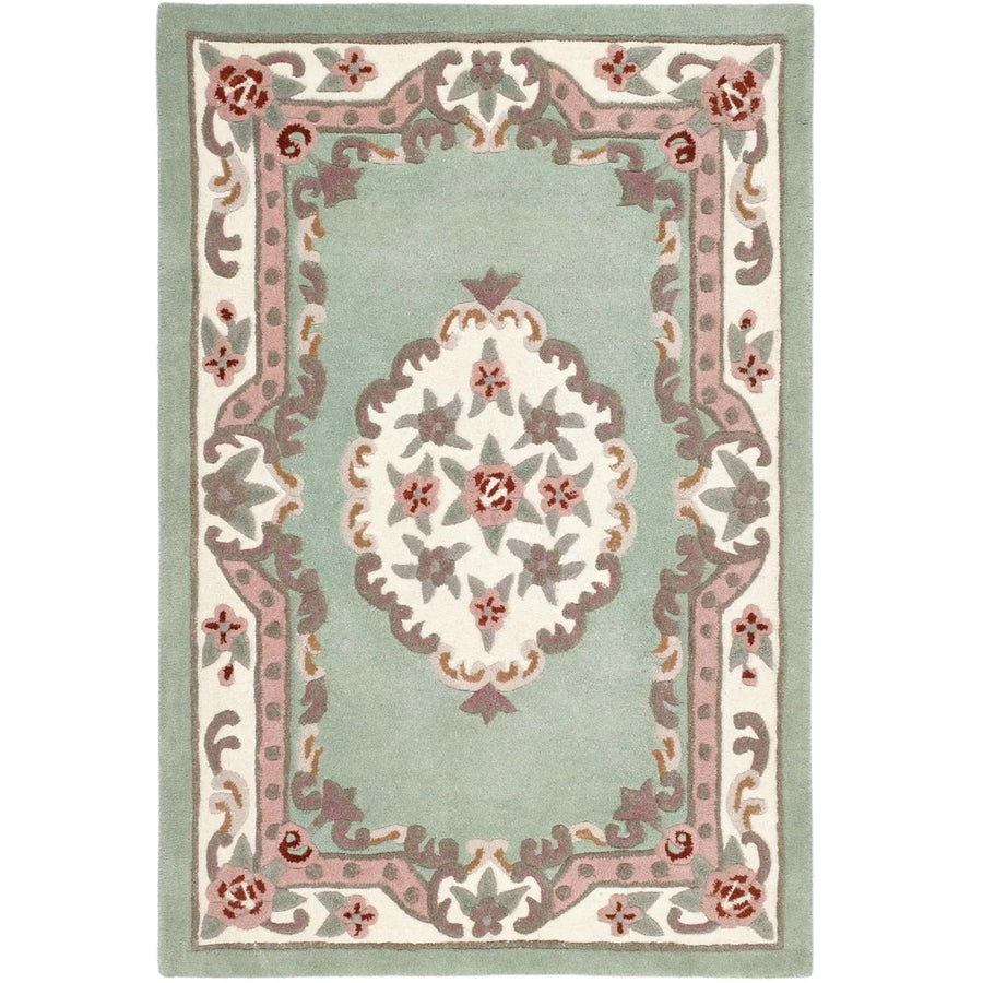 Decorative rug with floral patterns on a light green background