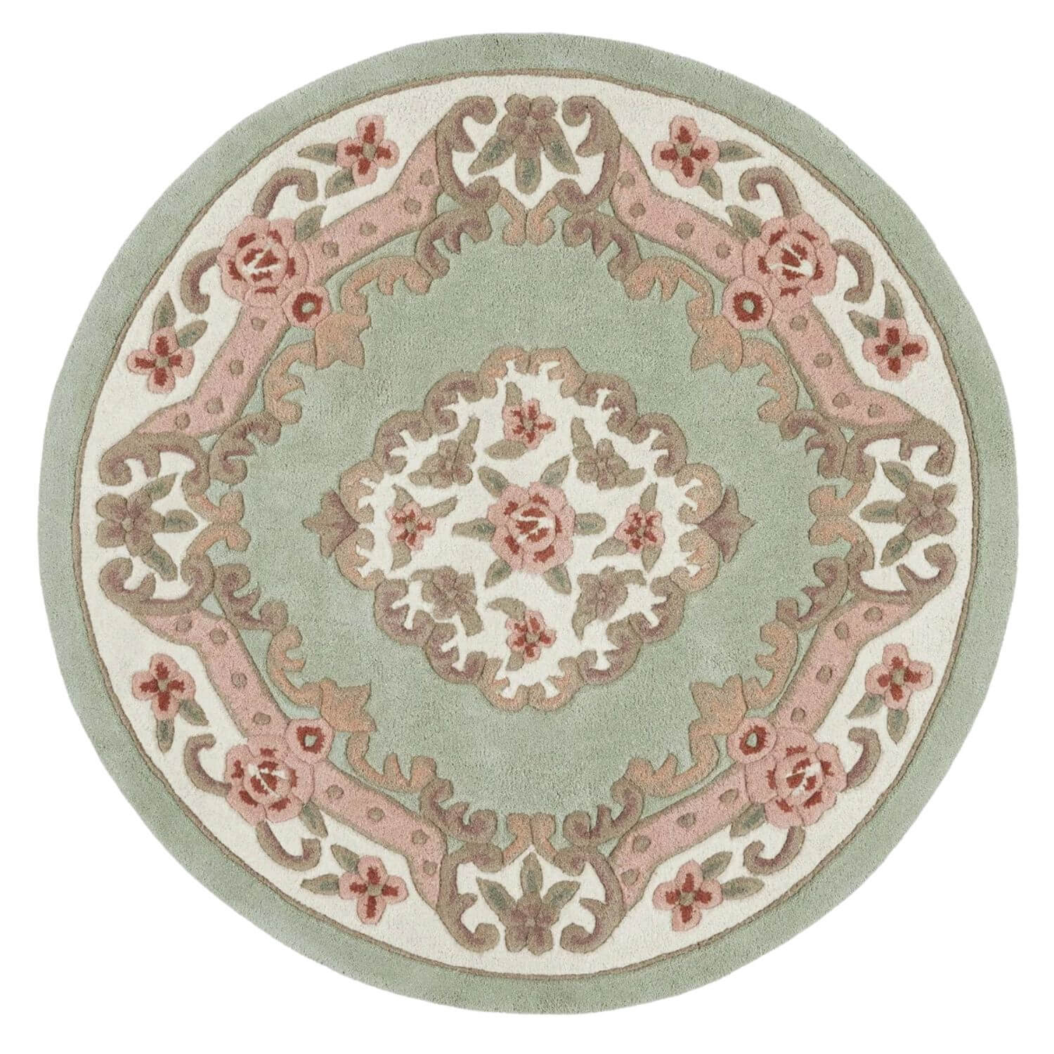 Round decorative rug with floral patterns on a light green background