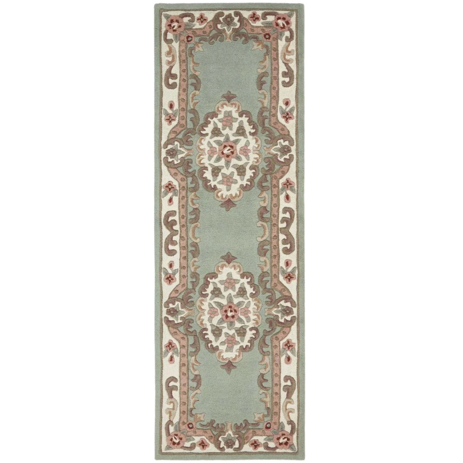 Decorative rug with intricate patterns on a light green background
