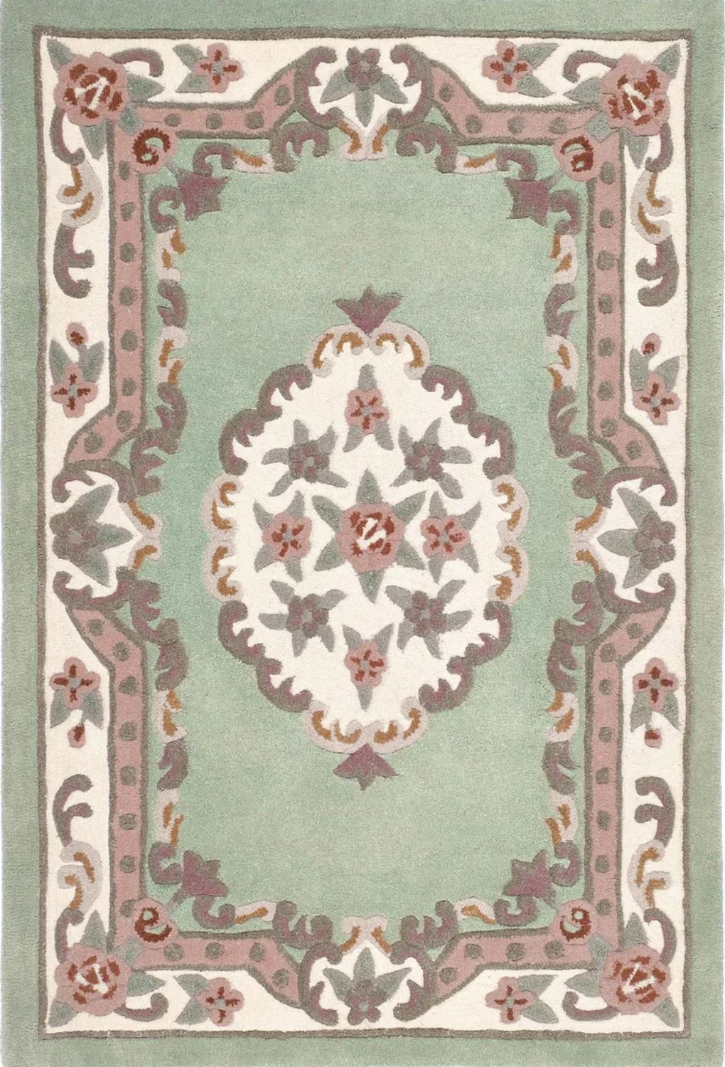 Decorative rug with floral patterns on a light green background