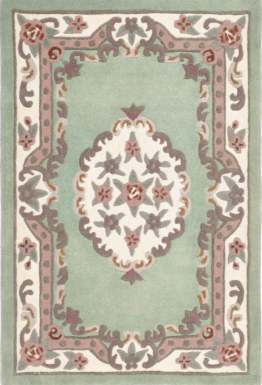 Decorative rug with floral patterns on a light green background