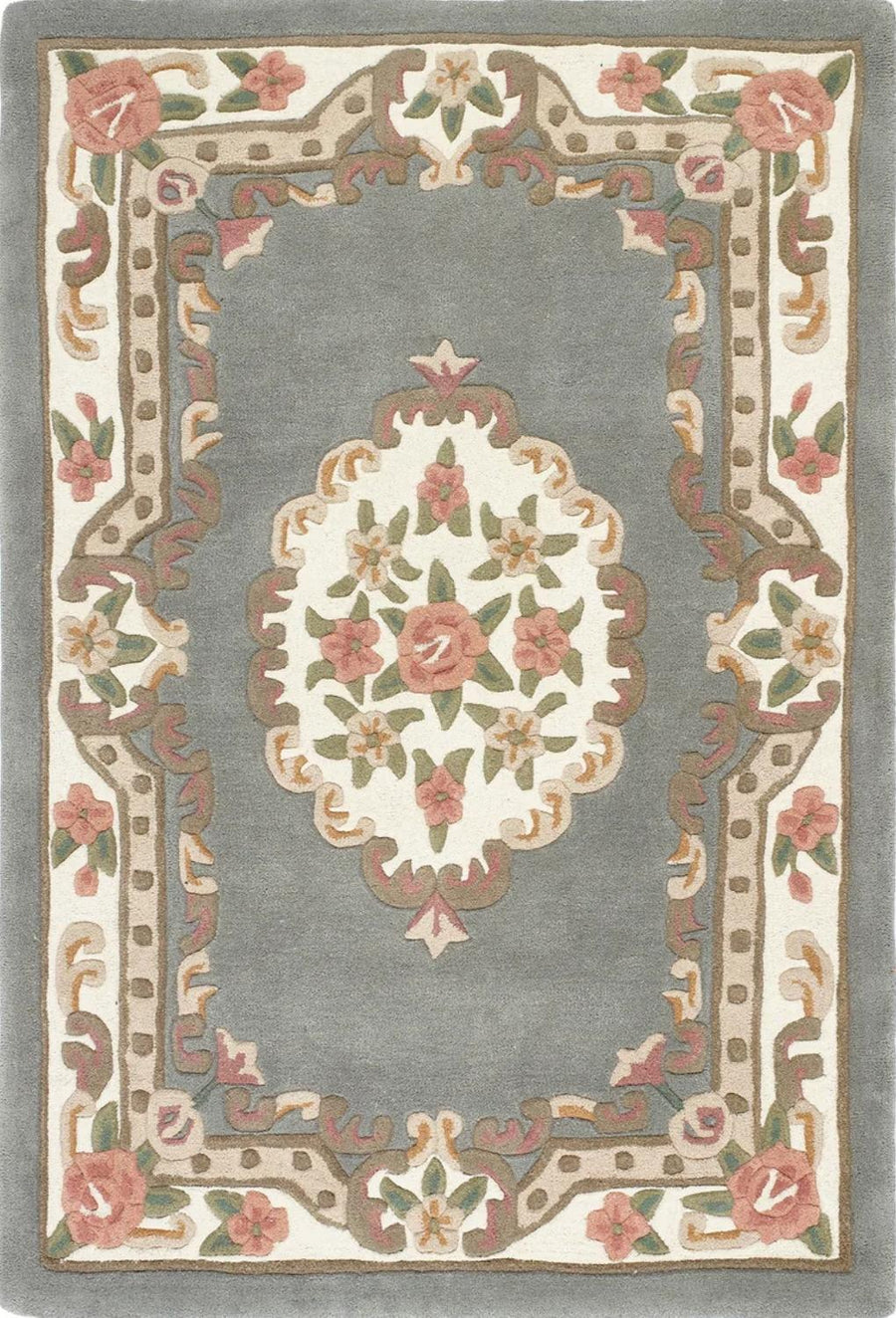 Decorative rug with floral patterns and a central medallion on a gray background