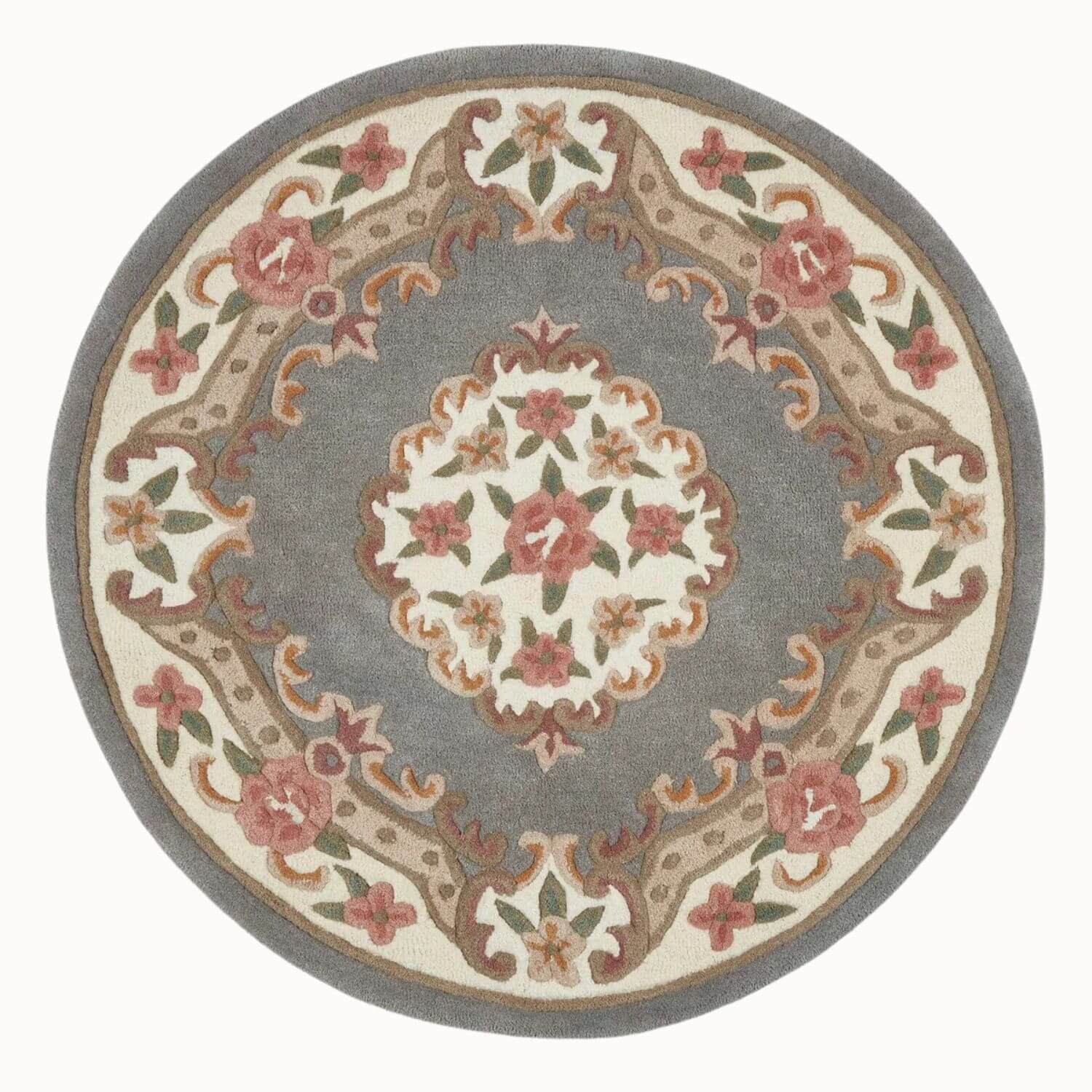 Round decorative rug with floral patterns on a white background