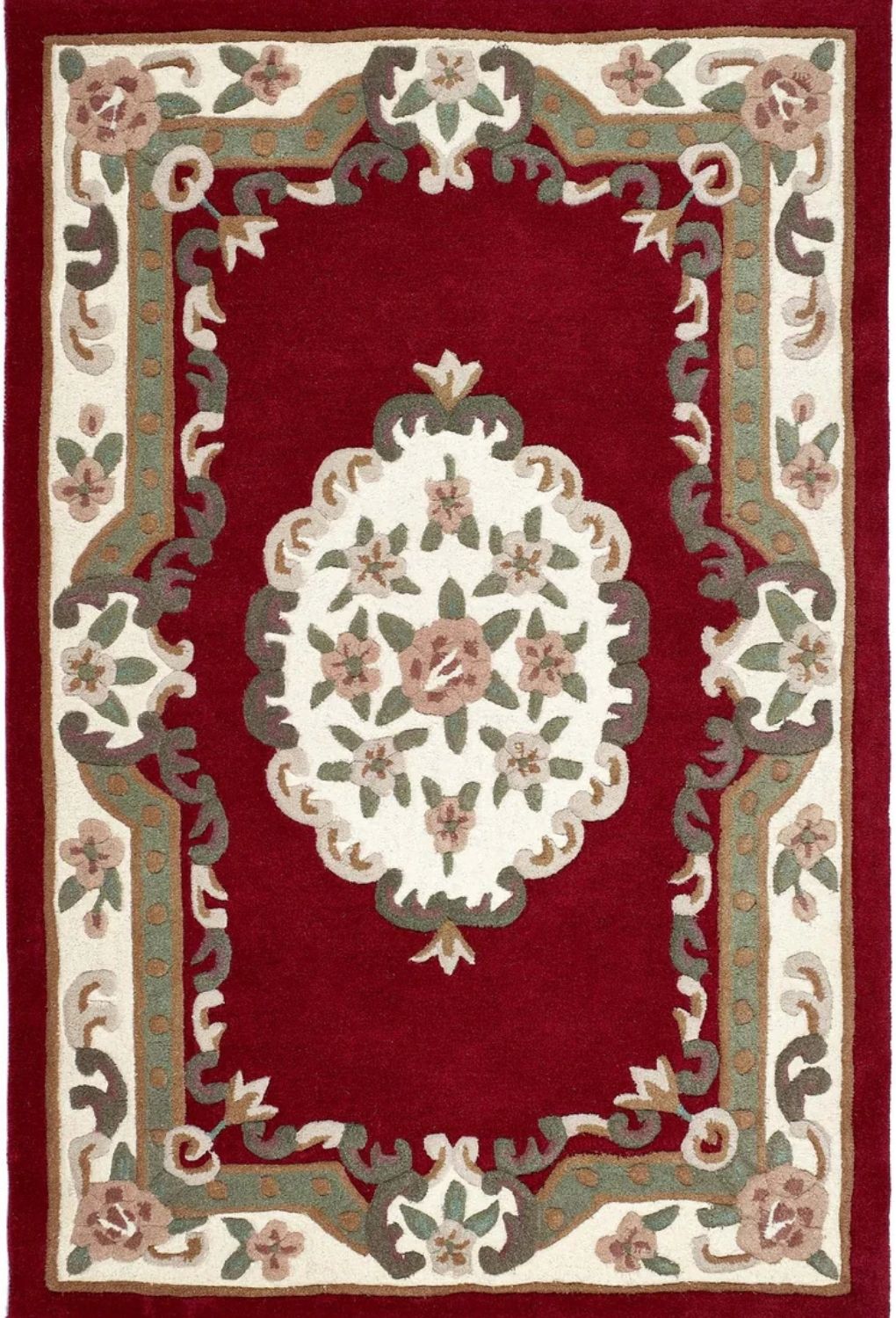 Decorative rug with floral patterns on a red background
