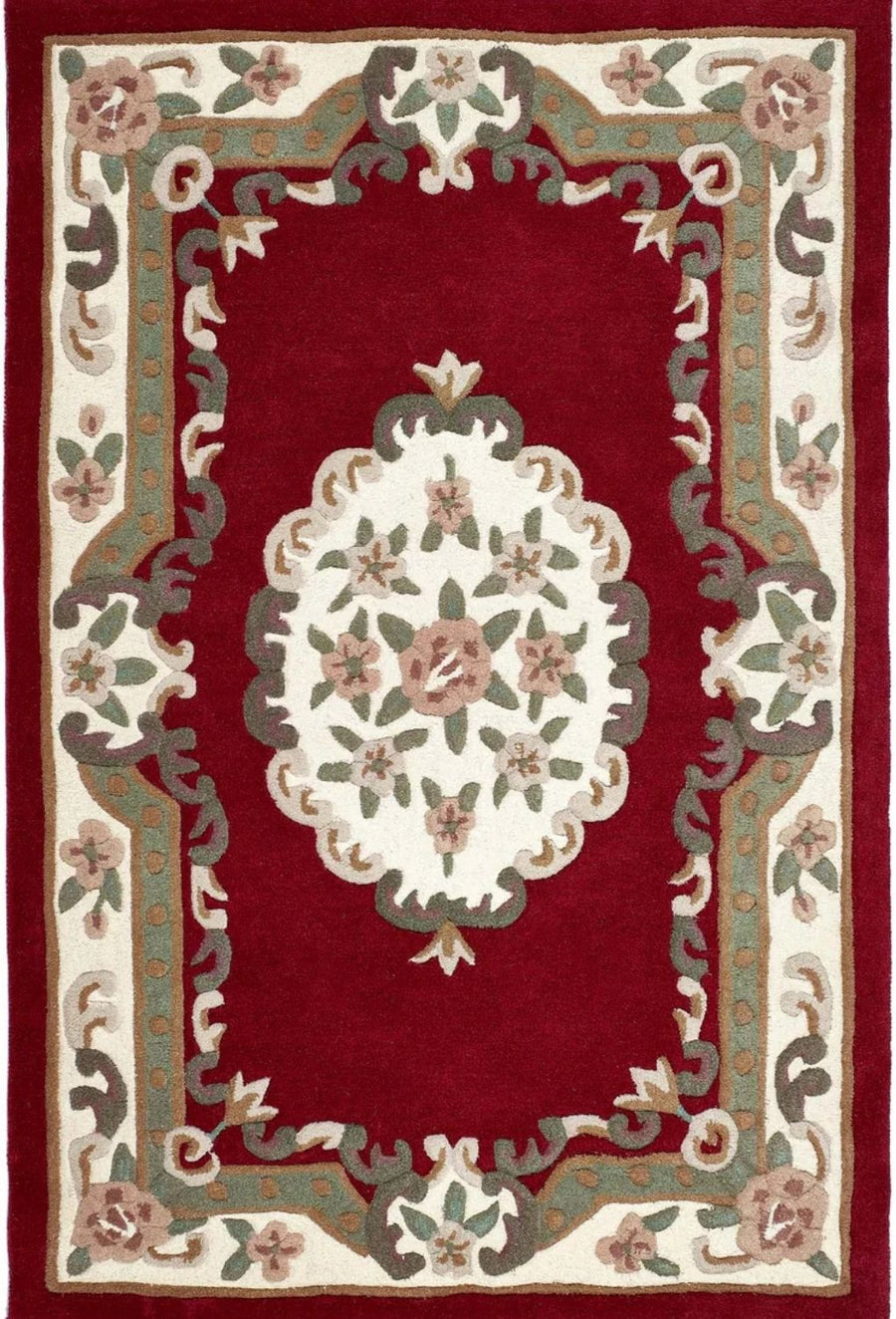 Decorative rug with floral patterns on a red background