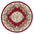 Round red area rug with floral patterns on a white background