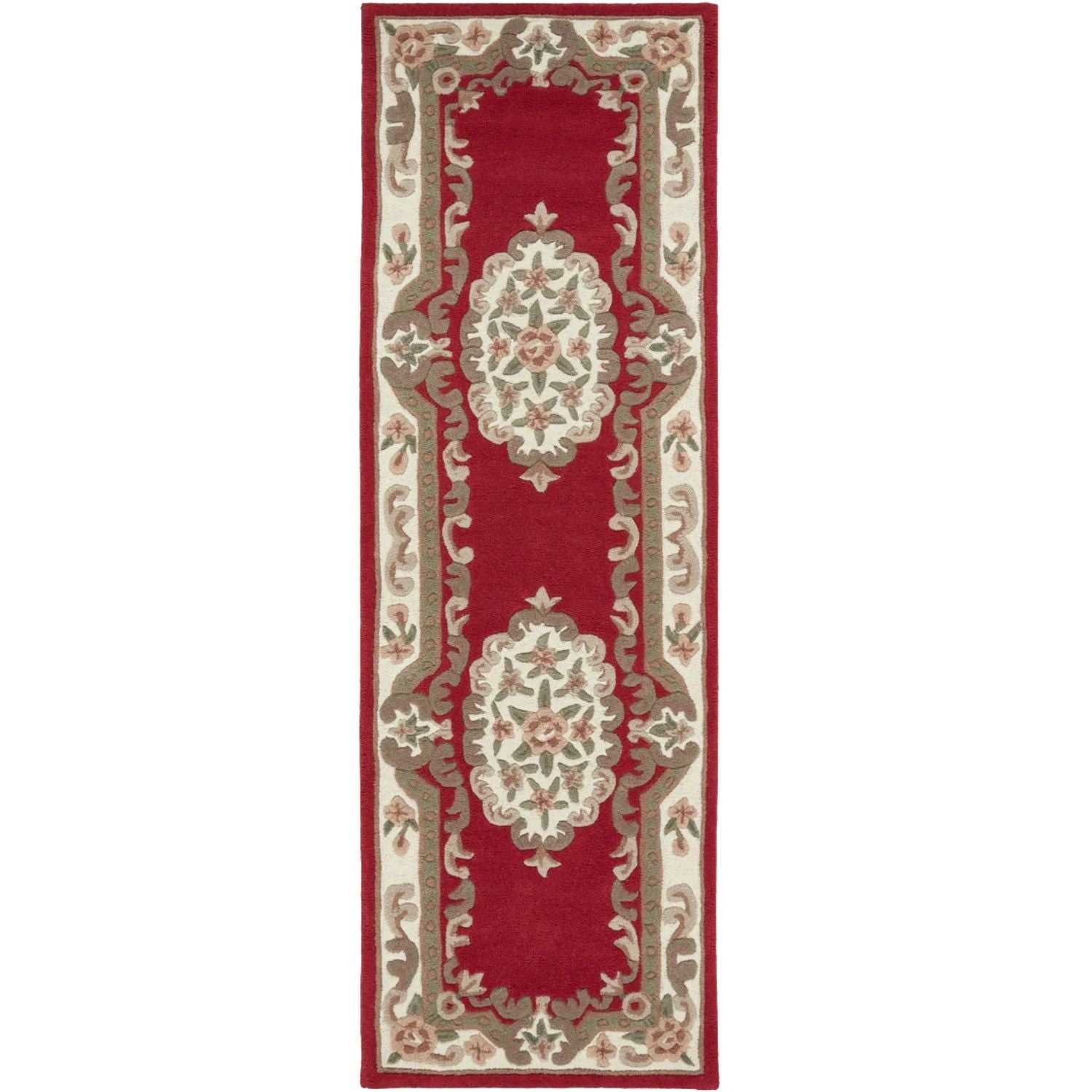 Decorative red and beige runner rug with intricate patterns on a white background