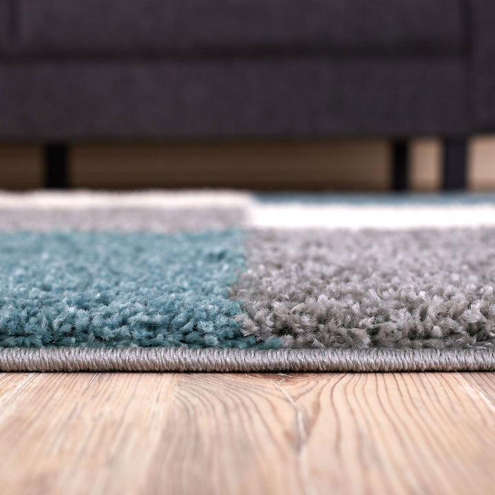 Geometric Design Thick Shaggy Area Rugs Duck Egg Blue