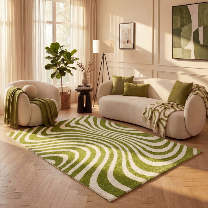 Rug with green and white wavy pattern, low-maintenance ug