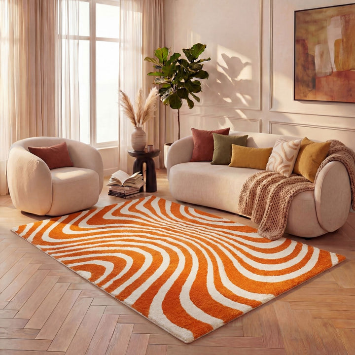 Patterned fabric with orange and white wavy lines, fade-proof