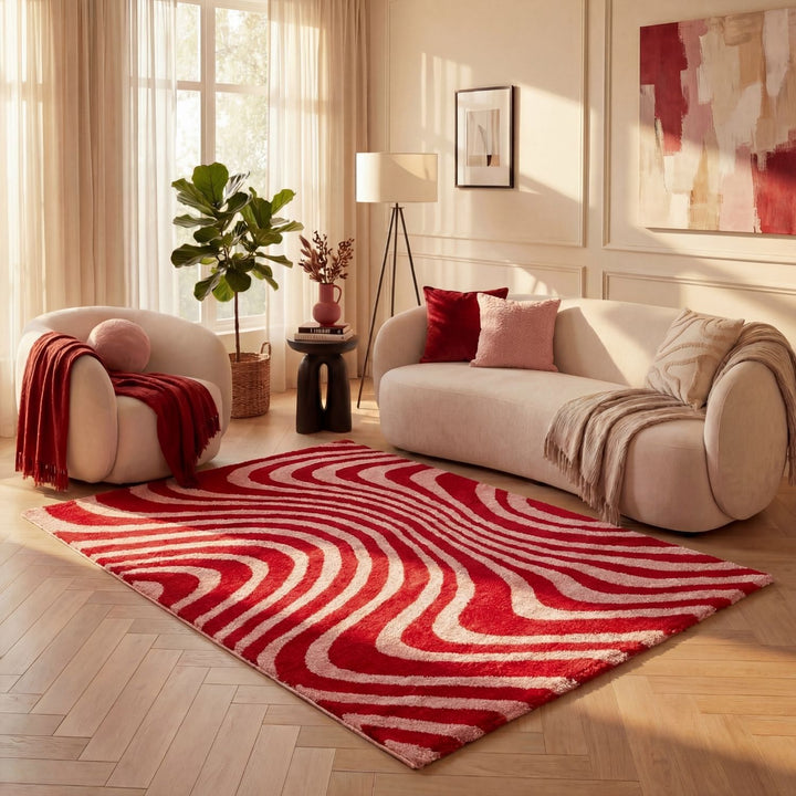 Red and beige wavy striped patterned rug