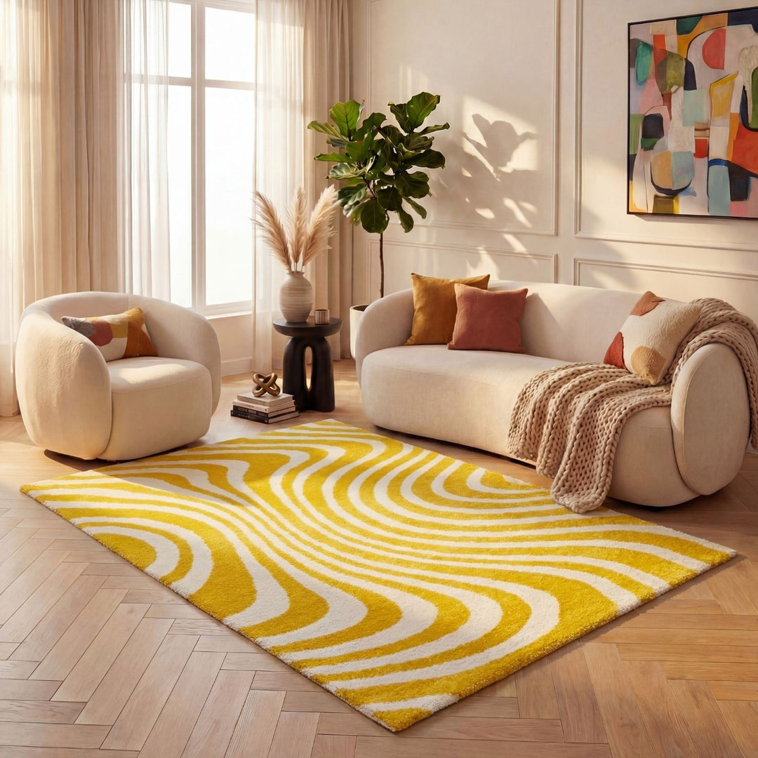 Patterned fabric with wavy lines in yellow and white