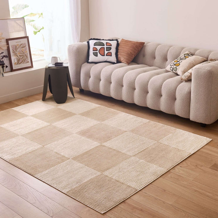 The Rugs Modern Living Room Rug - Checkered Design Sync Rug in Beige