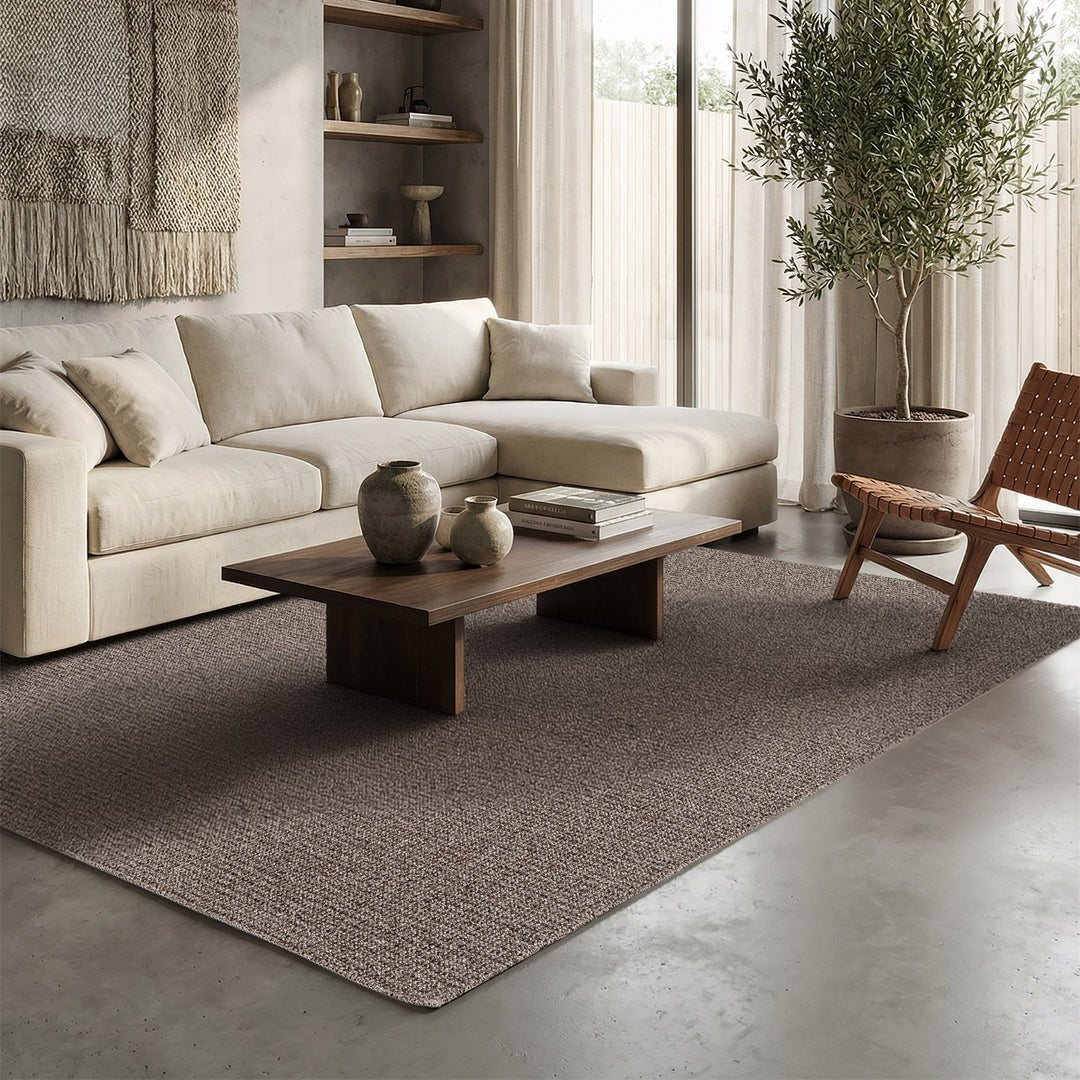 Dune Boucle taupe textured rug, styled in a living room | The Rugs