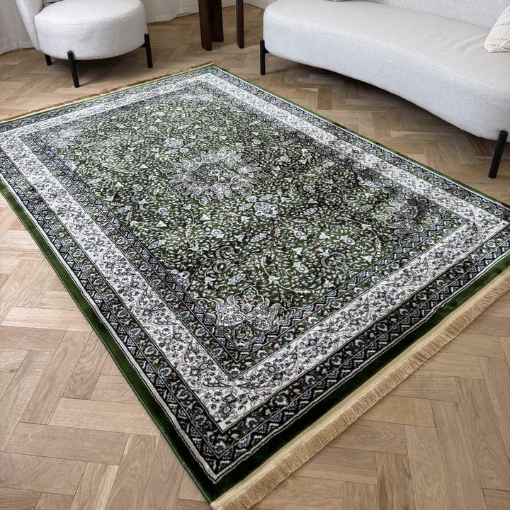 Decorative rug with intricate patterns on a wooden floor