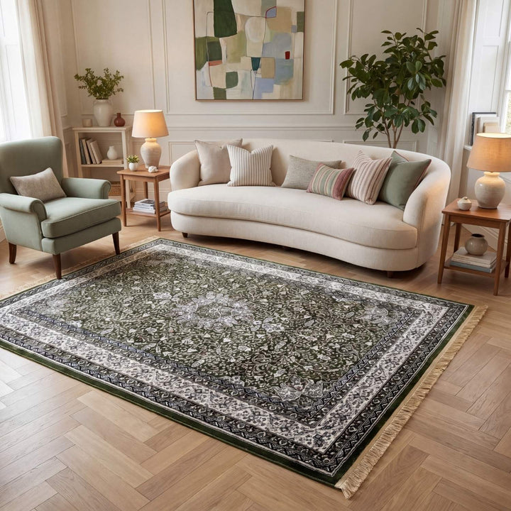 Living room with a large patterned rug, beige sofa, and armchair.
