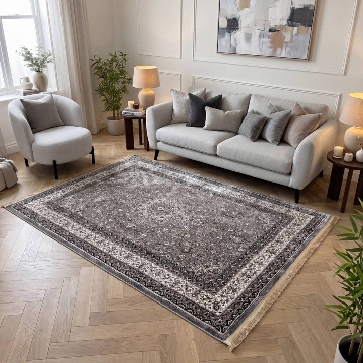 Living room with a gray sofa, armchair, and decorative rug.