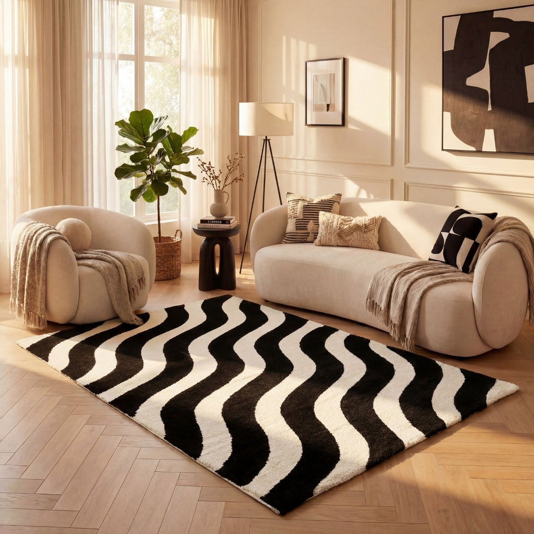 Black and white wavy patterned rug living room image
