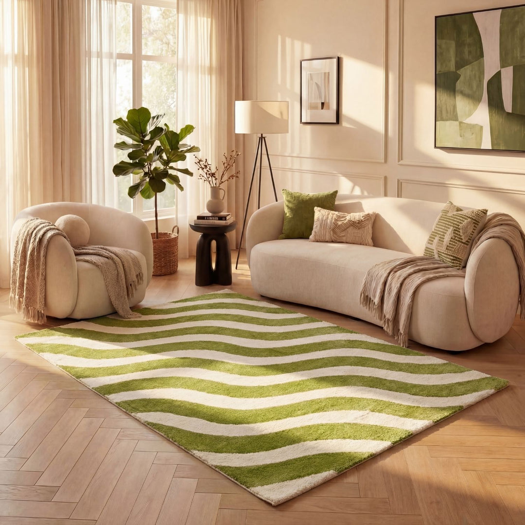 Living room with a green and white striped rug, beige sofa, and armchair.