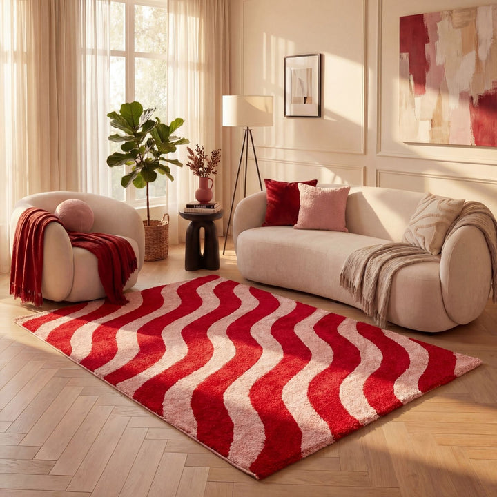 Red and pink wavy patterned rug non-shedding 