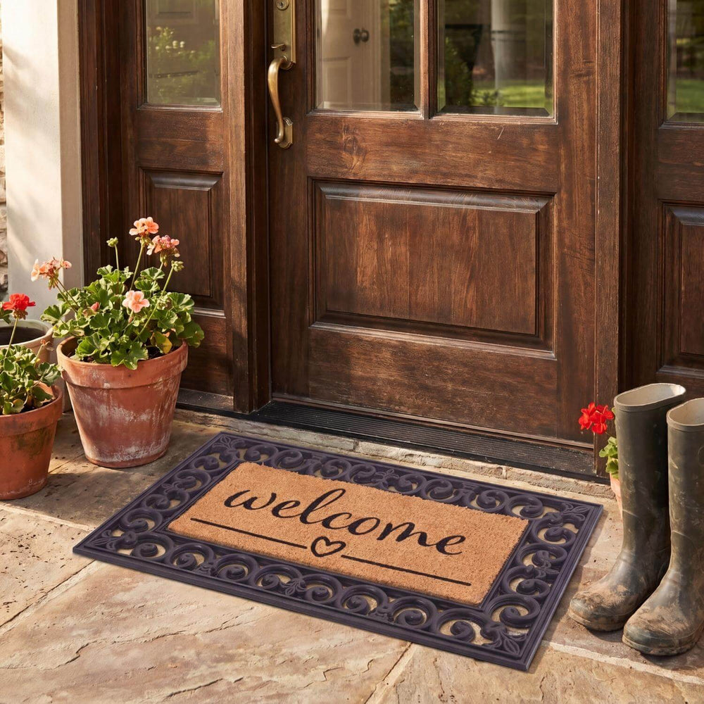 Doormat with 'welcome' text and decorative bordered design rubber mat