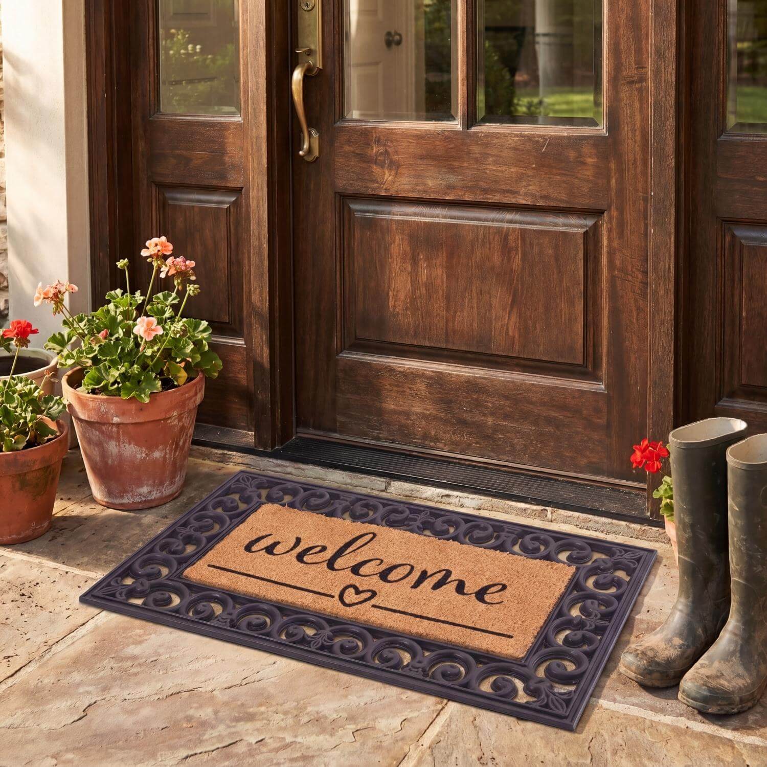 Doormat with 'welcome' text and decorative bordered design rubber mat